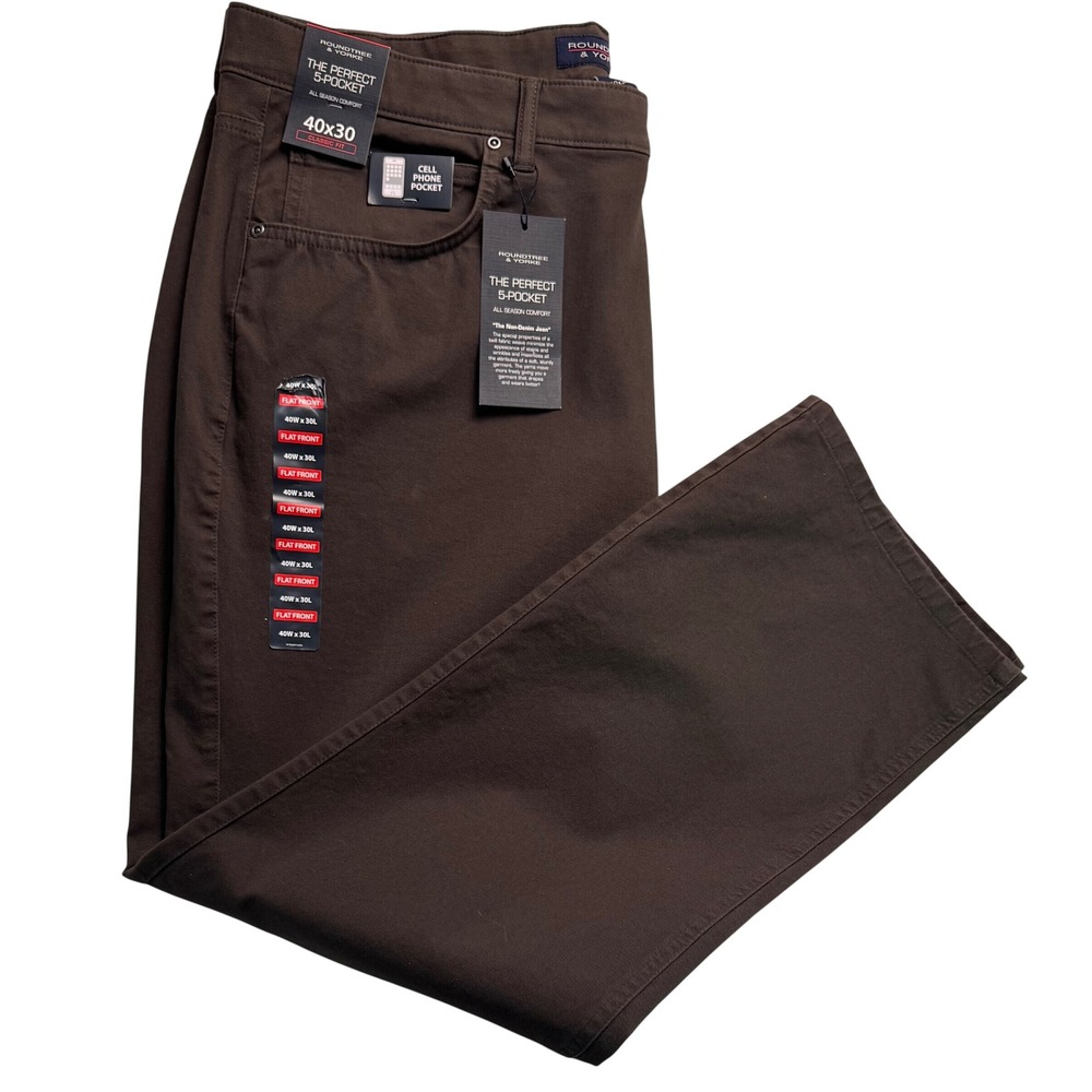 Roundtree & Yorke Mens Perfect 5-Pocket Pants Ash Brown 40x30 Classic Fit NWT